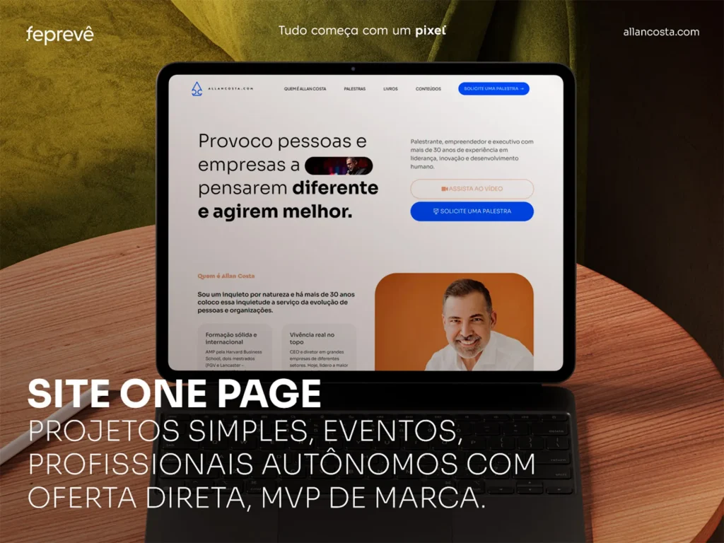Site one page
Projetos simples, eventos, profissionais autônomos com oferta direta, MVP de marca.