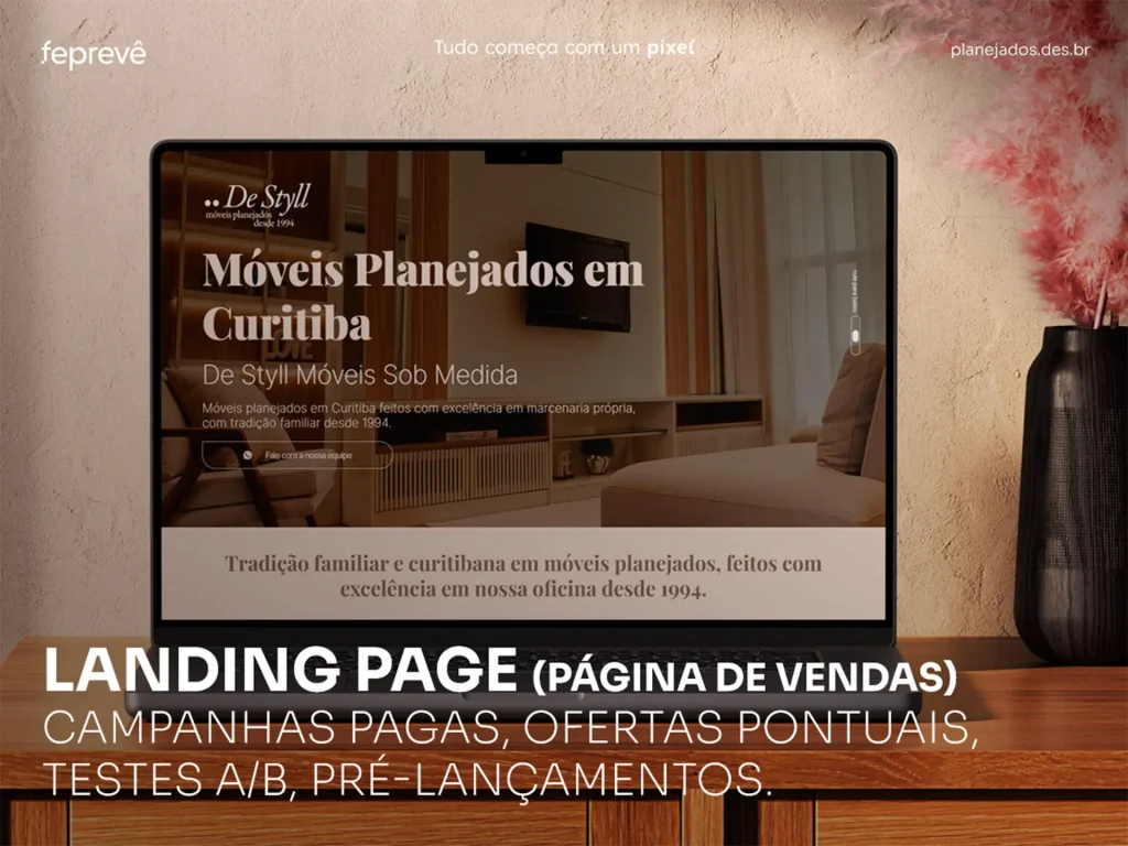 Landing Page (Página de Vendas)
Campanhas pagas, ofertas pontuais, testes A/B, pré-lançamentos.